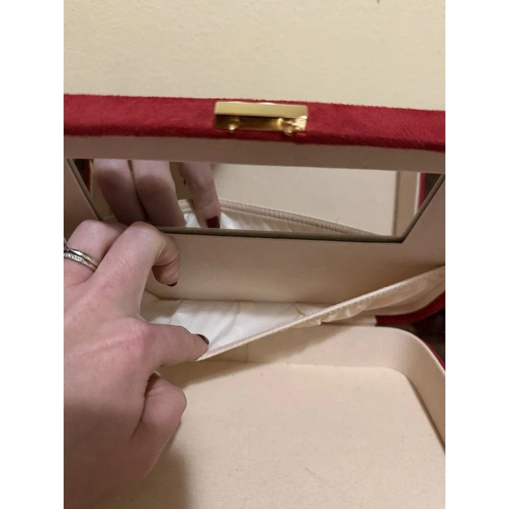 Vintage Red Jewelry Flat Box With Key & Inside Mirror